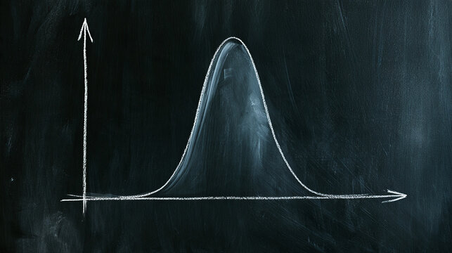 A hand drawn normal distribution bell curve sketched with white chalk on a dark blackboard background. This educational illustration represents statistics, probability, data analysis, and mathematics