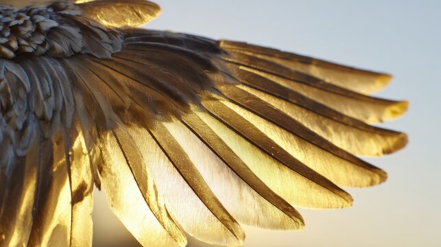 Overlapping bird wingtips in V-formation against warm sunset sky, teamwork and unity in nature concept
