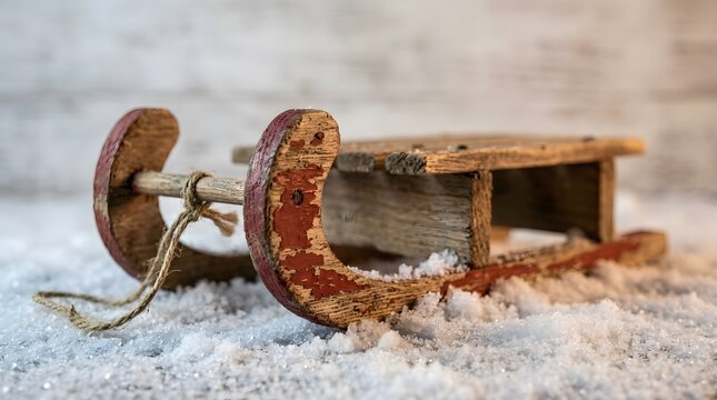 Vintage wooden sled with red paint on fresh winter snow