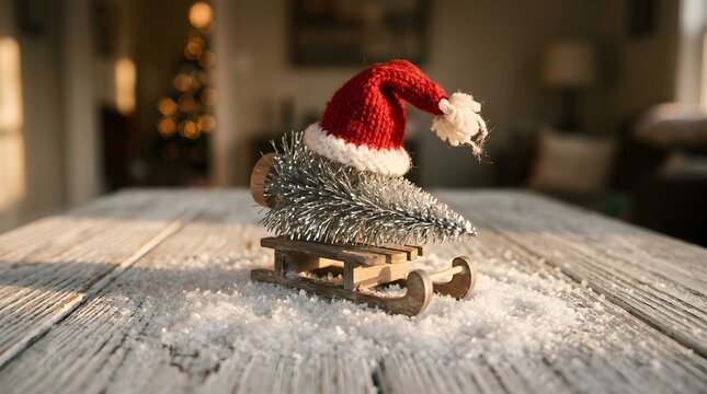Small silver Christmas tree with Santa hat on a wooden sledge with snow background