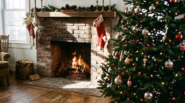 Cozy brick fireplace with burning fire and decorated Christmas tree in rustic living room