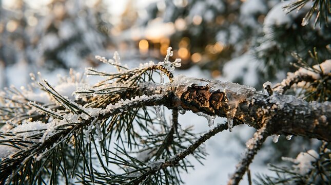 Frosty pine tree branch covered in ice crystals during winter sunset