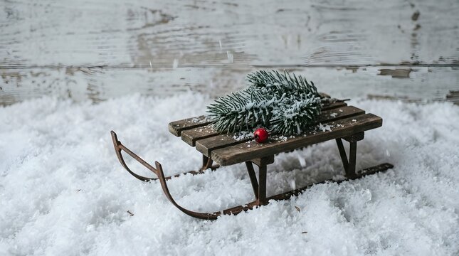 Vintage wooden sled in the snow with green fir branch and red berry decoration