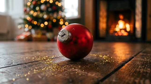 Red Christmas bauble on wooden floor with warm fireplace and blurred holiday tree background