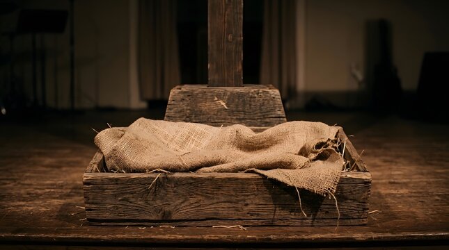 Wooden manger with burlap cloth at the foot of a cross for Christmas and Easter