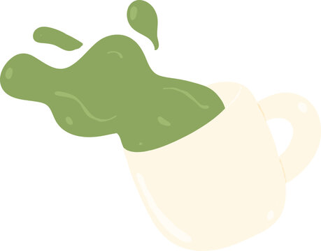 dynamic splash of matcha green tea liquid spilling from a white mug, perfect for cafe menu and hot beverage designs Cute hand drawn