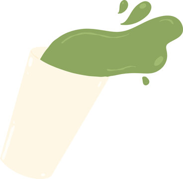 Cute hand drawn dynamic splash of matcha green tea liquid spilling from a tall white cup, perfect for cafe menu and beverage designs.