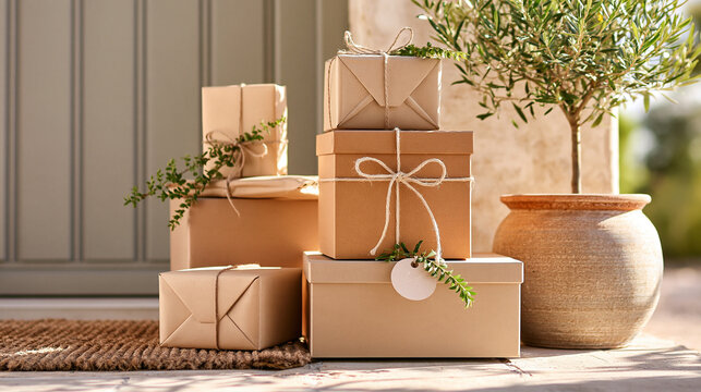 Stack of parcel gift box kraft paper twine ribbon sunny doorstep warm light plant ceramic pot creating welcoming scene