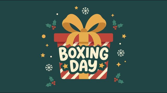 Animated Boxing Day Gift Box with Golden Ribbon  Christmas Holly  Snowflakes and Festive Stars on Dark Teal