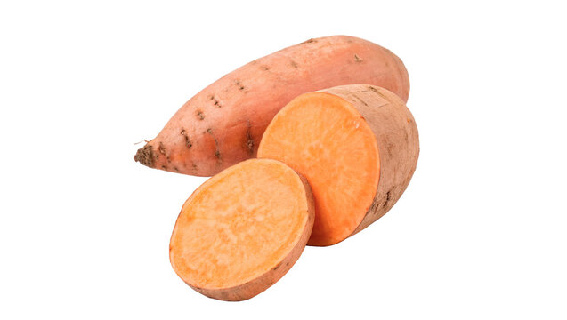 Whole and sliced fresh raw sweet potato tubers healthy culinary ingredient, isolated on transparent background.