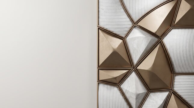 Modern 3d wall panel design featuring geometric gold and white marble textures with ribbed patterns, elegant interior decoration concept for luxury living spaces