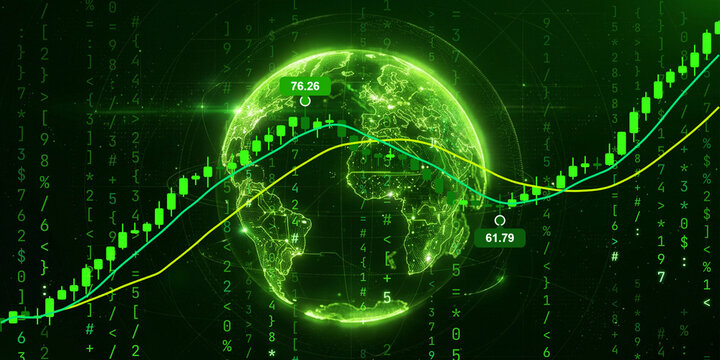 Glowing green earth globe with rising financial candlestick charts