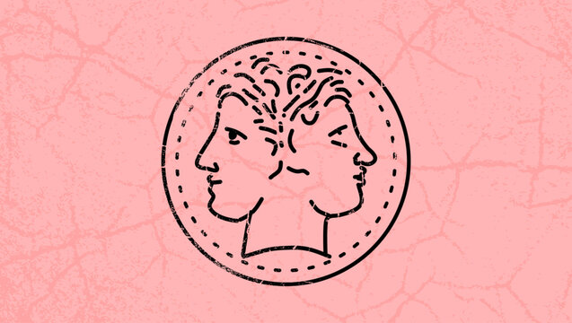 Ancient Coin Showing Two-headed Roman God Janus, color vector illustration