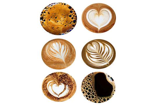Six circular coffee drinks display latte art designs against a plain white background arabica beverage brown caffeine crema