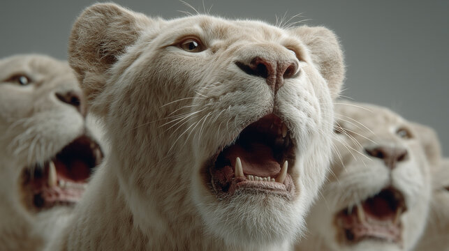 White lioness roaring with open mouth and fangs. Rare albino predator pride looking upward