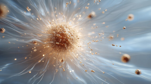 Cellular explosion of golden pathogen sphere. Filament tentacles radiating from cell core in lab