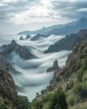 Misty Mountain Landscape with Rolling Clouds and Rugged Peaks