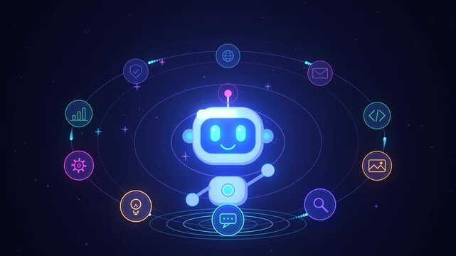 Friendly AI assistant robot floats above a hologram platform as technology icons orbit and chat bubbles appear. Neon blue and violet, seamless loop, 4K, no text. For AI, chatbot and automation ideas.
