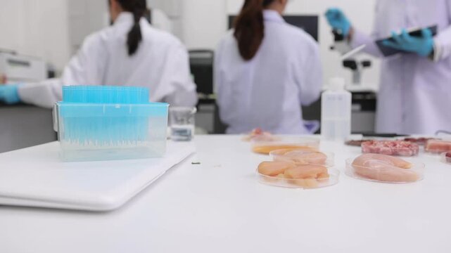Female laboratory technicians testing raw meat and egg samples for quality assurance. Food safety inspection and scientific research concept.