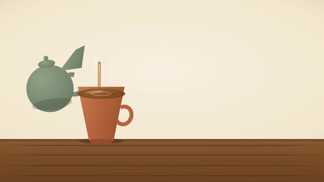 Ceramic teapot pouring hot tea into a cup with rising steam curls, cozy beverage motion graphics