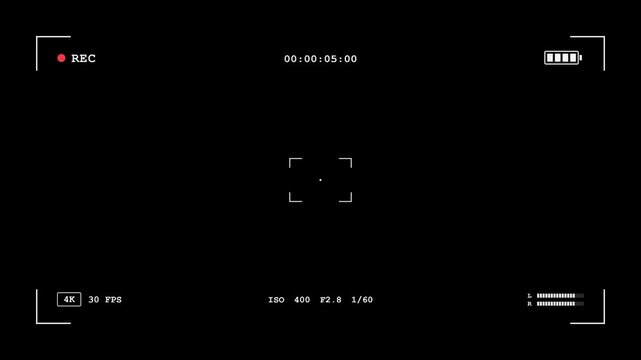 A professional 4K camera viewfinder interface with recording indicator, timecode, and technical settings displayed on a clean black background for video editing.