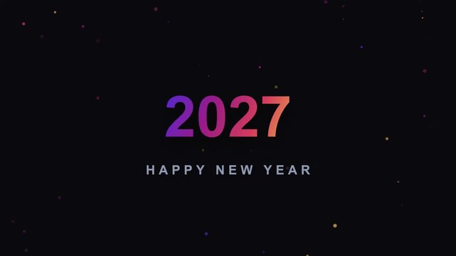 Animated 2027 new year greeting with colorful confetti on black