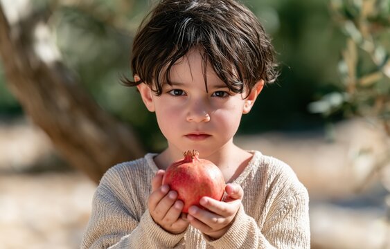 Israeli child holding pomegranate outdoors in Mediterranean setting