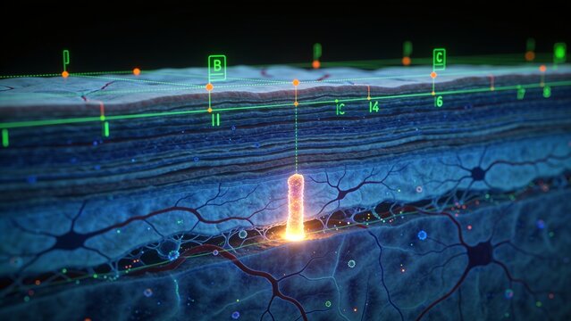 Inserting glowing vertical probe illuminating layered neural tissue slice in lab, with markers