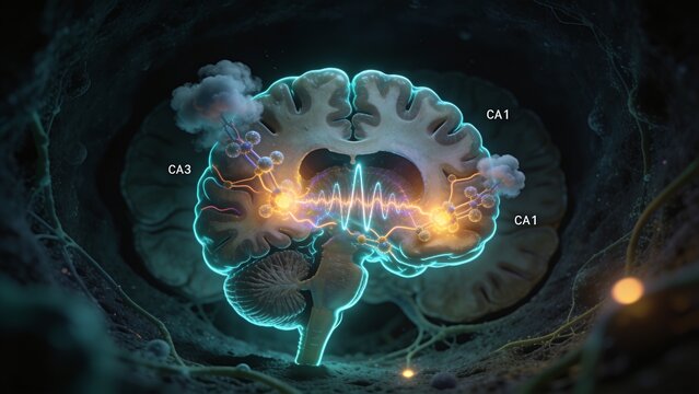 Displaying neon sagittal brain section highlighting CA1 and CA3 in dark neural tunnel