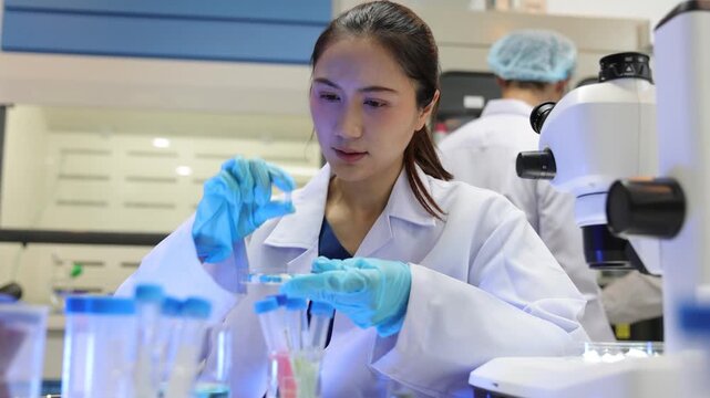 Asian scientist examining a medical sample in a laboratory.