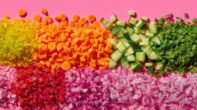 Bright neon pink background highlighting expertly knife-cut vegetables in various preparations including brunoise carrots, julienned bell peppers, diamond-cut cucumbers, finely diced red onions, and
