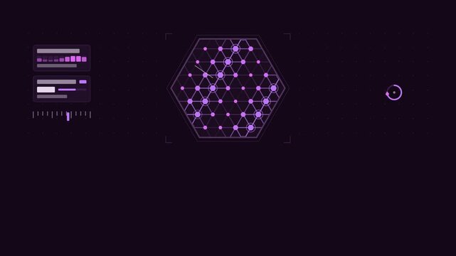 Seamless 4K looping scientific animation: crystal lattice view node wave. Flat vector microscope view with a circular field, measurement ticks and blank readout cards in purple and violet on a deep da
