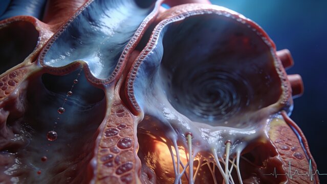 Showing heart interior cross-section in medical 3D render revealing vortexing flow with valve cusps