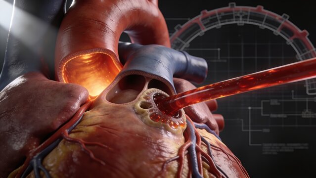 Showing heart model in lab with blood tube entering valve pooling near aorta lit lumen blueprint