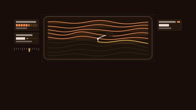Seamless 4K looping scientific animation: surface probe scan raster lines. Flat vector microscope view with a circular field, measurement ticks and blank readout cards in orange and amber on a deep da
