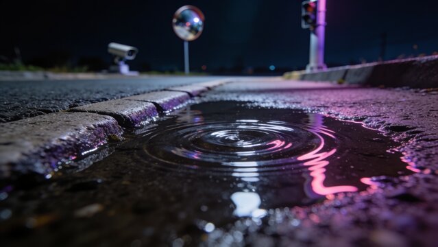 Rippling puddle showing concentric ripples reflecting neon lights in roadside gutter
