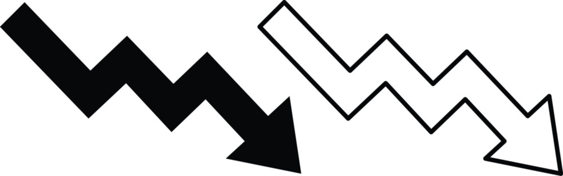 Downward zigzag arrows, solid and outline styles, financial loss, business decline, negative growth, failure concept, clean white background, isolated vector design