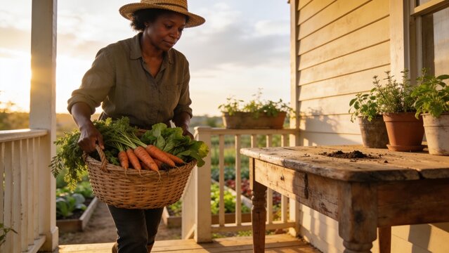 Holding basket, woman gardener wearing straw hat, long-sleeve shirt standing on porch, with carrots