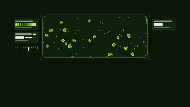 Seamless 4K looping scientific animation: sample slide view drifting granules. Flat vector microscope view with a circular field, measurement ticks and blank readout cards in green and emerald on a de