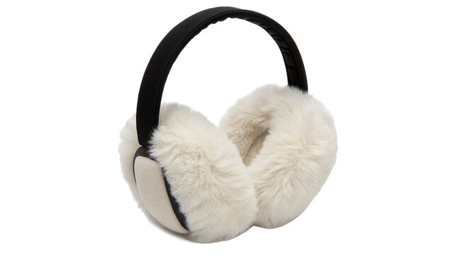 Fluffy soft beige winter earmuffs headwear clothing fashion warmth accessory, isolated on transparent background.