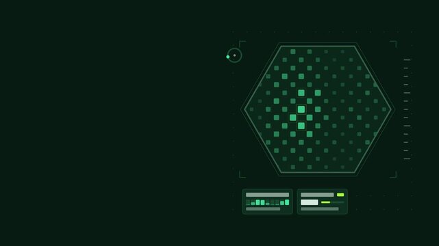 Seamless 4K looping scientific animation: diffraction intensity map brightness wave. Flat vector microscope view with a circular field, measurement ticks and blank readout cards in green and emerald o