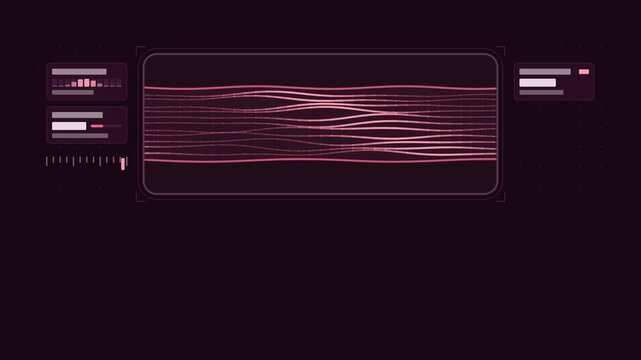Seamless 4K looping scientific animation: thin section view fiber wave. Flat vector microscope view with a circular field, measurement ticks and blank readout cards in purple and violet on a deep dark