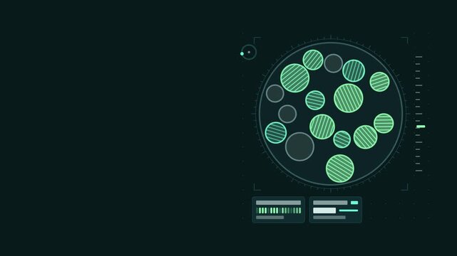 Animated anisotropy field view alternating response drawn as a clean laboratory interface in teal and cyan on a dark background. Smooth 4K seamless loop with blank data panels and room for text. Wides