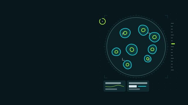 Seamless 4K looping scientific animation: autofocus searching for sharp plane. Flat vector microscope view with a circular field, measurement ticks and blank readout cards in teal and cyan on a deep d