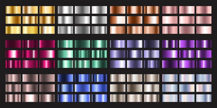 Grid of metallic gradient swatches in gold, silver, bronze, rose gold, red, green, purple, blue, and beige tones. Shiny reflective textures perfect for luxury design