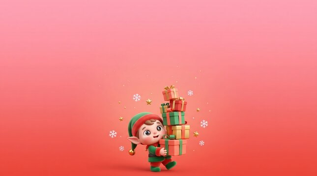 Cute 3d christmas elf carrying stack of present gift boxes on soft pink gradient background