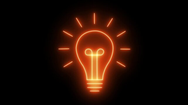Glowing orange yellow neon light bulb icon symbol for bright idea, innovation, and creative solution