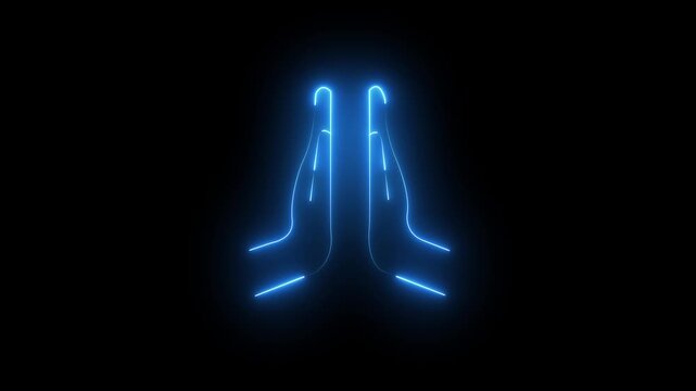 Glowing blue neon praying hands icon for hope, faith, namaste gesture, spiritual prayer, gratitude symbol