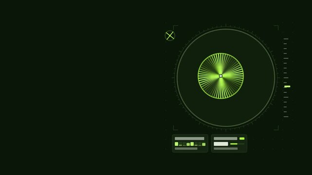 Seamless 4K looping scientific animation: extinction pattern view rotating cross. Flat vector microscope view with a circular field, measurement ticks and blank readout cards in green and emerald on a