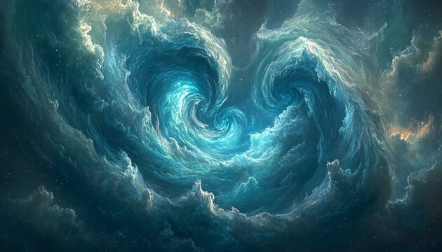 Abstract Cosmic Nebula With Glowing Teal Spiral Waves and Ethereal Celestial Energy In Outer Space